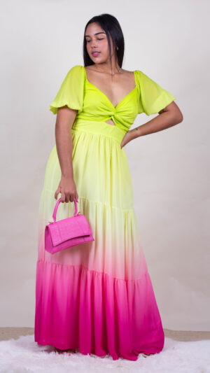 Vestido verde con fucsia
