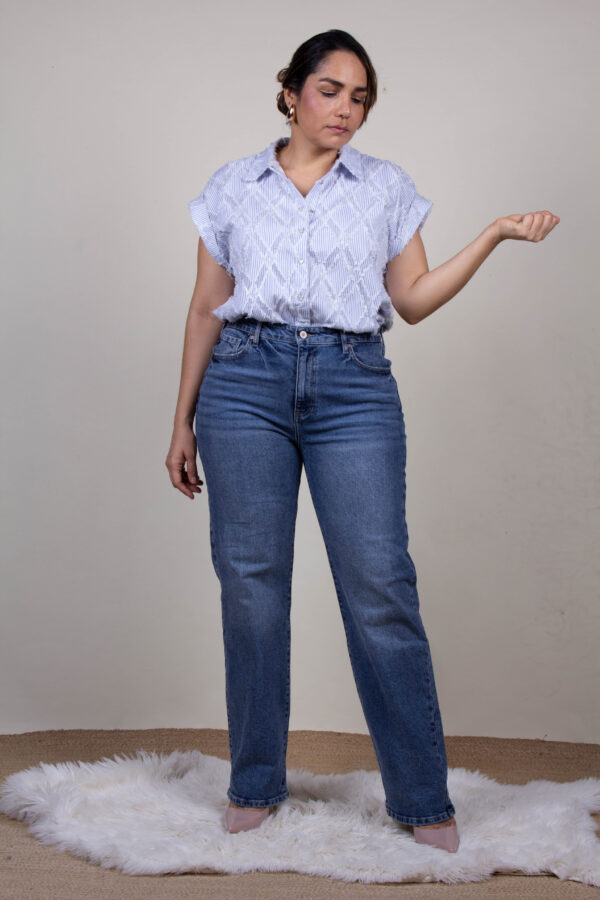 Blusa de rayas blancas y celestes