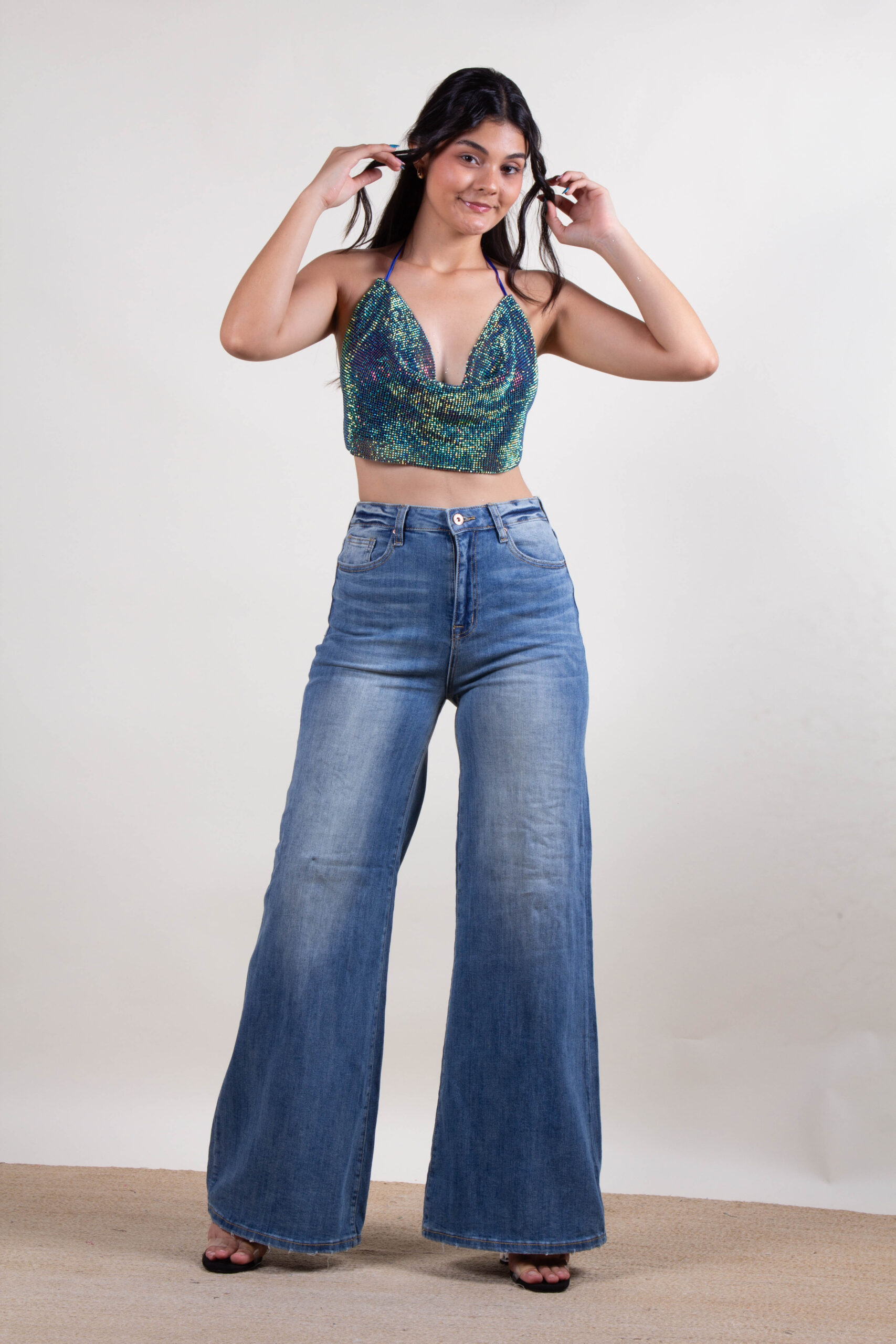 Crop top de perlas tornasol